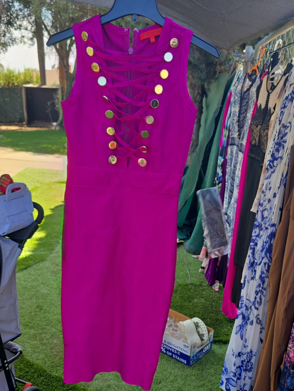 WOW couture Fuchsia Midi Dress with Gold Disc Accents